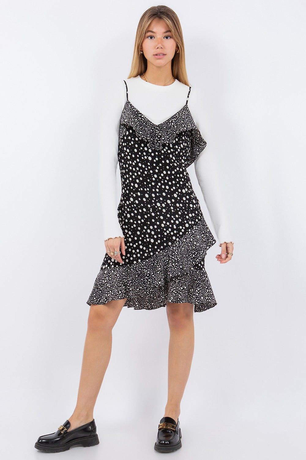 VS White Polka Dot Ruffle Midi shops Slip Sz S