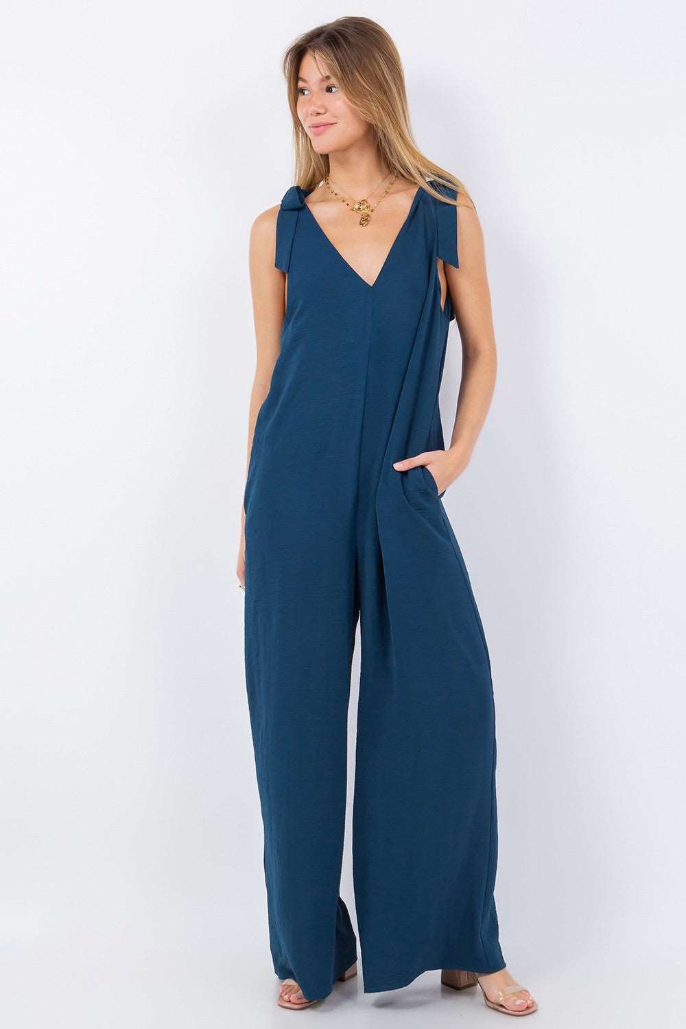 Double V Neck Tie Shoulder Jumpsuit Teal