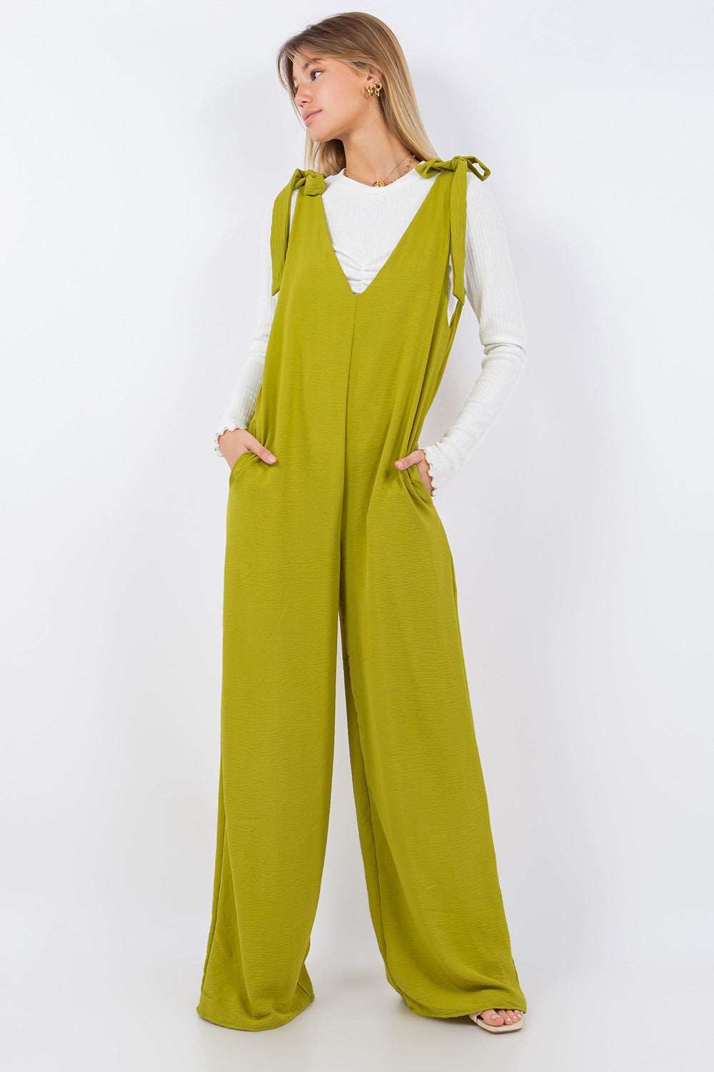 Double V Neck Tie Shoulder Jumpsuit Lime