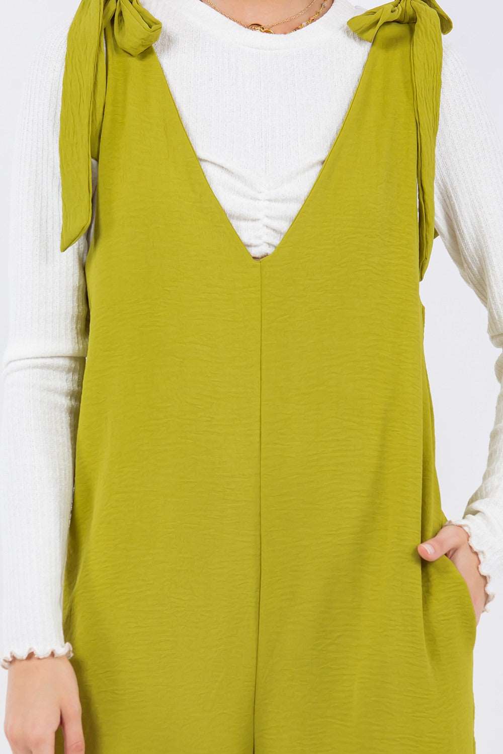 Double V Neck Tie Shoulder Jumpsuit Lime