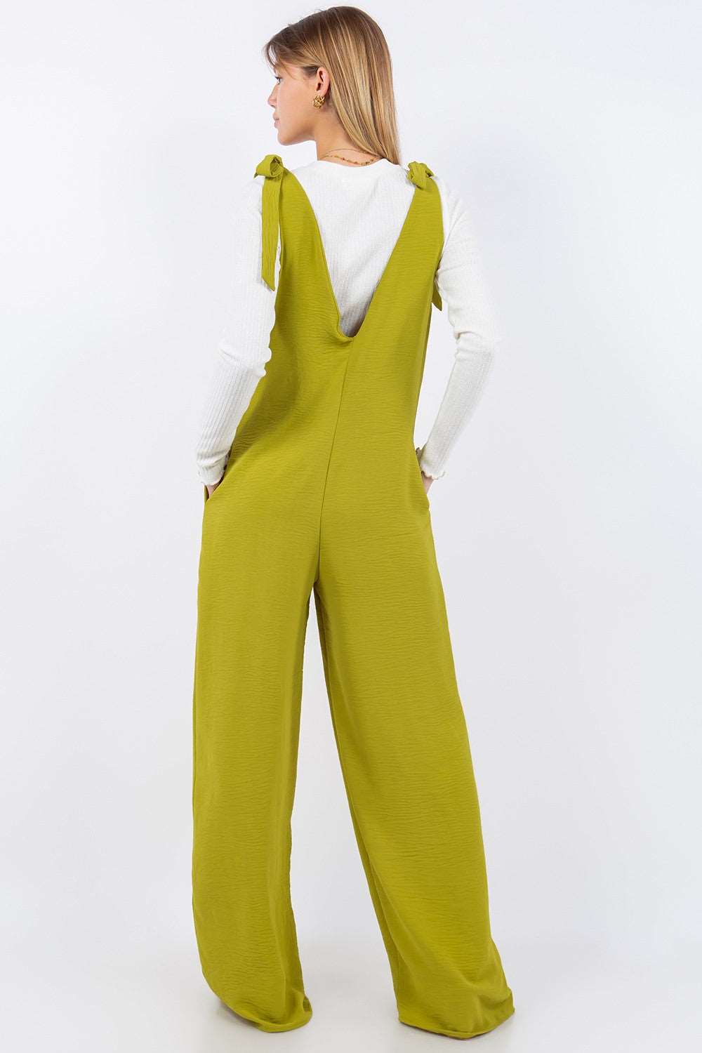 Double V Neck Tie Shoulder Jumpsuit Lime