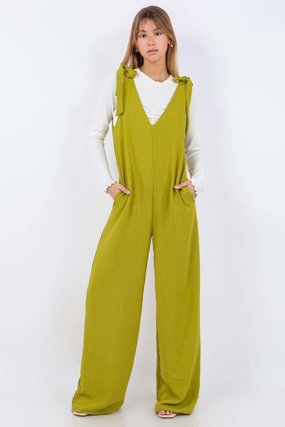Double V Neck Tie Shoulder Jumpsuit Lime