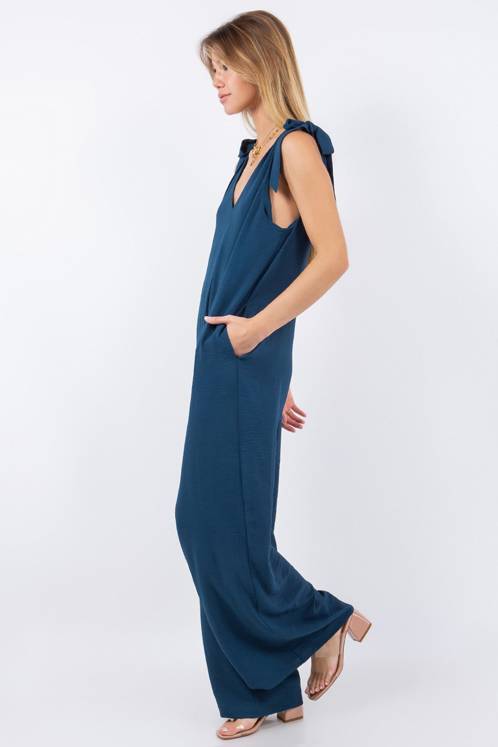 Double V Neck Tie Shoulder Jumpsuit Teal