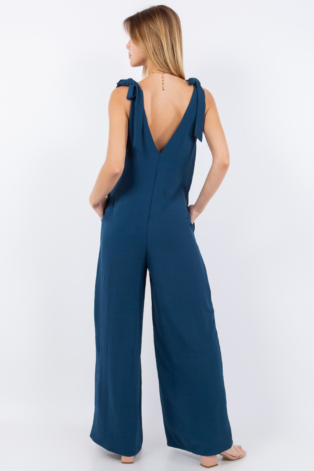 Double V Neck Tie Shoulder Jumpsuit Teal