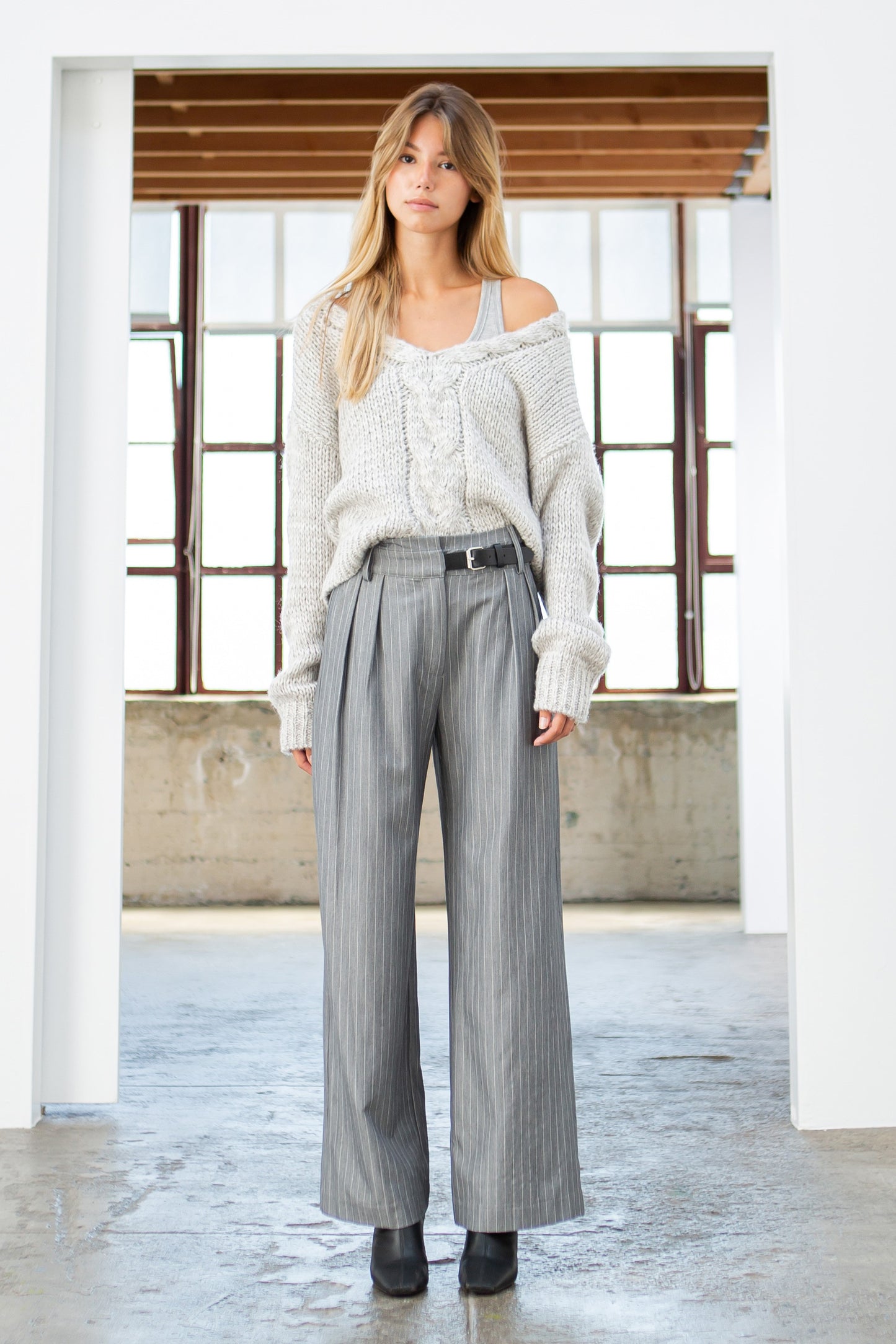 PINSTRIPE STRAIGHT LEG PANTS