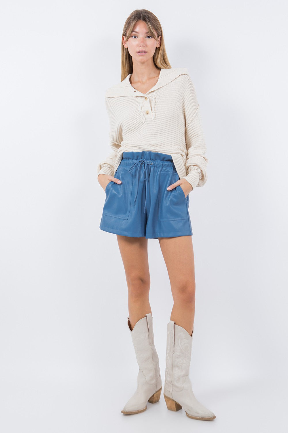 Pocket Detail Leather Shorts Blue