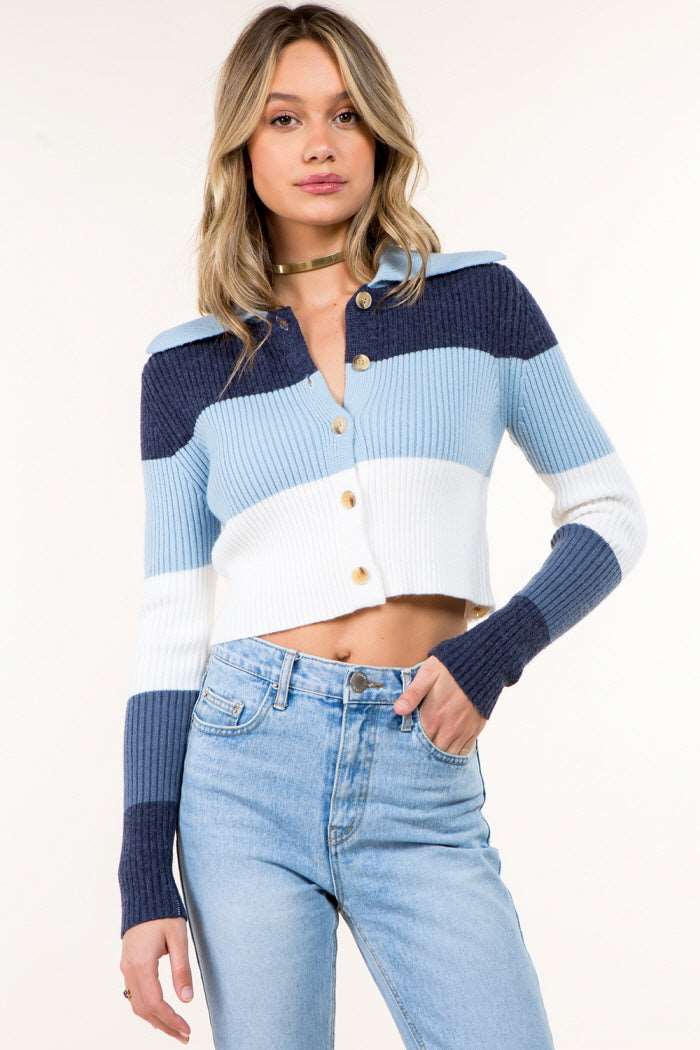 Color Block Button Down Knitted Cardigan