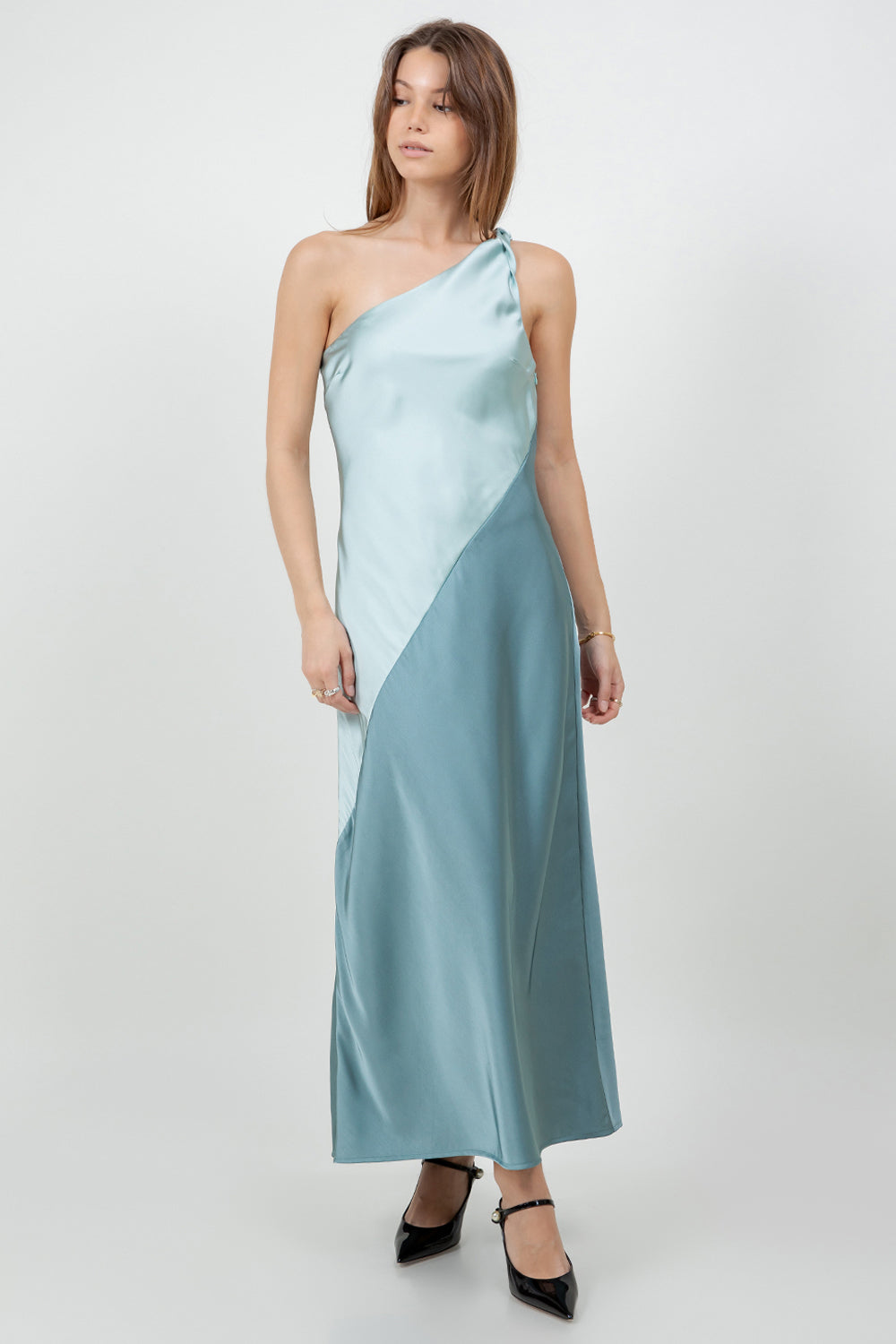 CONTRAST MIX ONE SHOULDER SATIN MAXI DRESS - SAGE/JADE