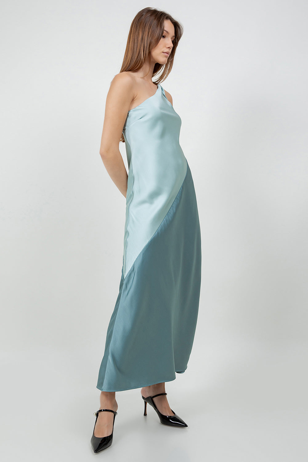 CONTRAST MIX ONE SHOULDER SATIN MAXI DRESS - SAGE/JADE
