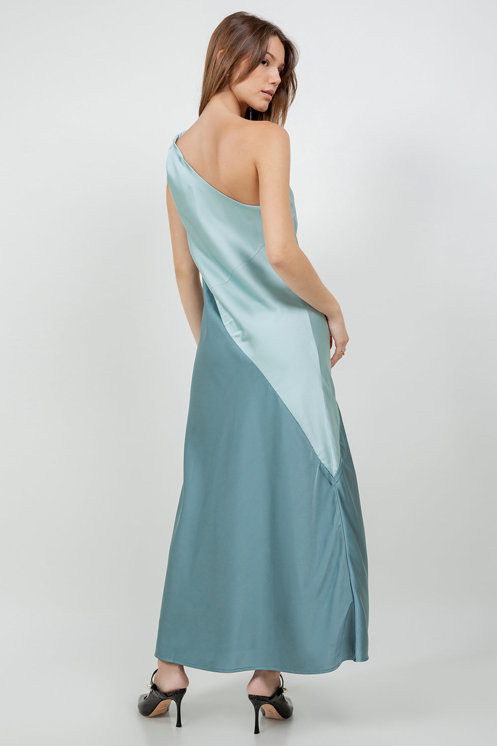 CONTRAST MIX ONE SHOULDER SATIN MAXI DRESS - SAGE/JADE