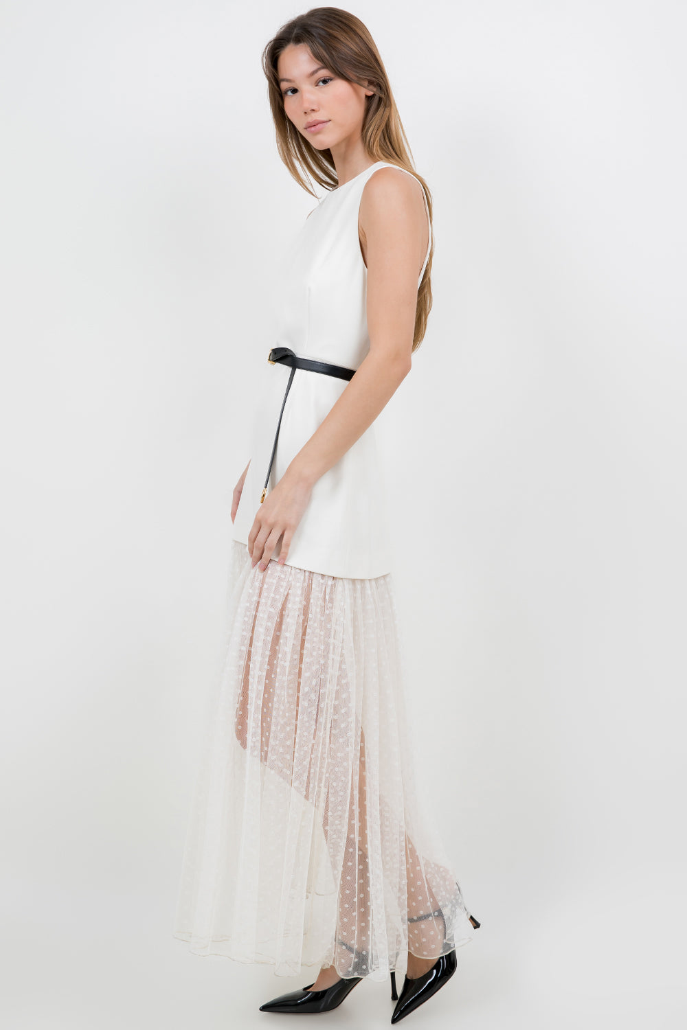 MESH POLKDA DOT SKIRT STRUCTURED WOVEN LONG DRESS - EGGSHELL