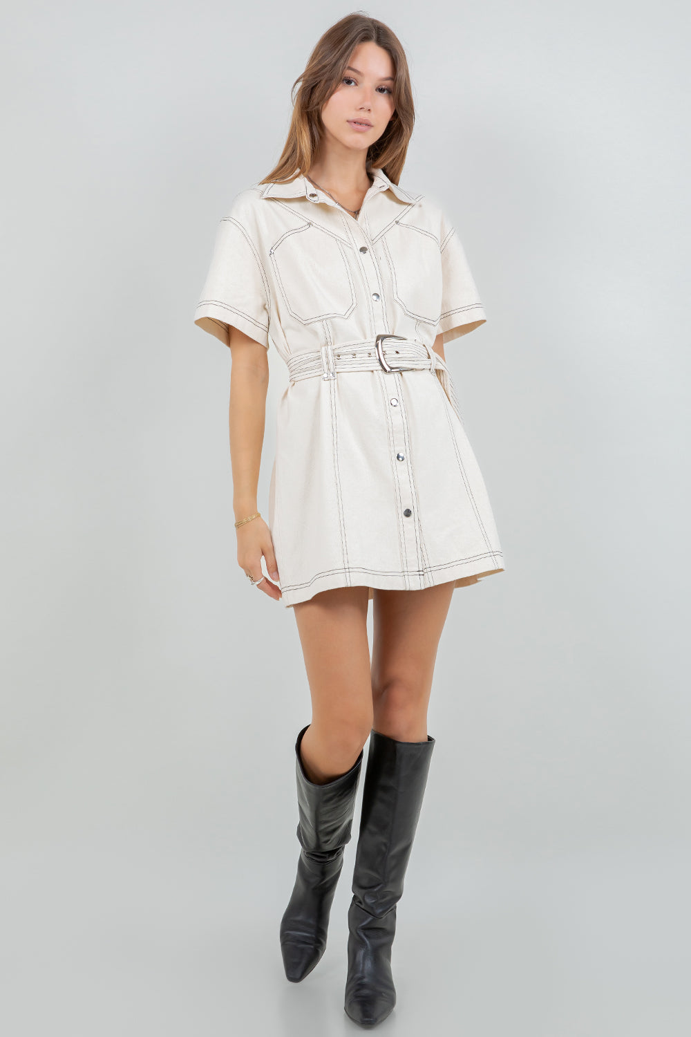 CONTRAST STITCHING COTTON WASH SHIRT DRESS WITH BELT - OATMEAL - Whiteroom+Cactus