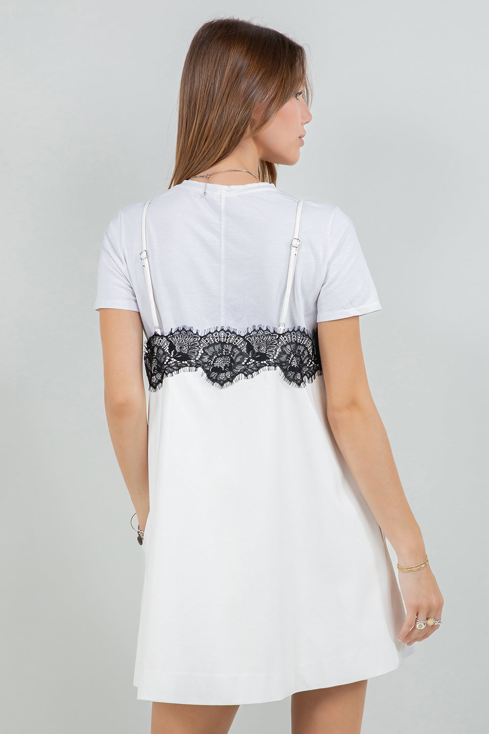 STRUCTURED PU LEATHER WITH ACCENT LACE MINI DRESS - IVORY/BLACK