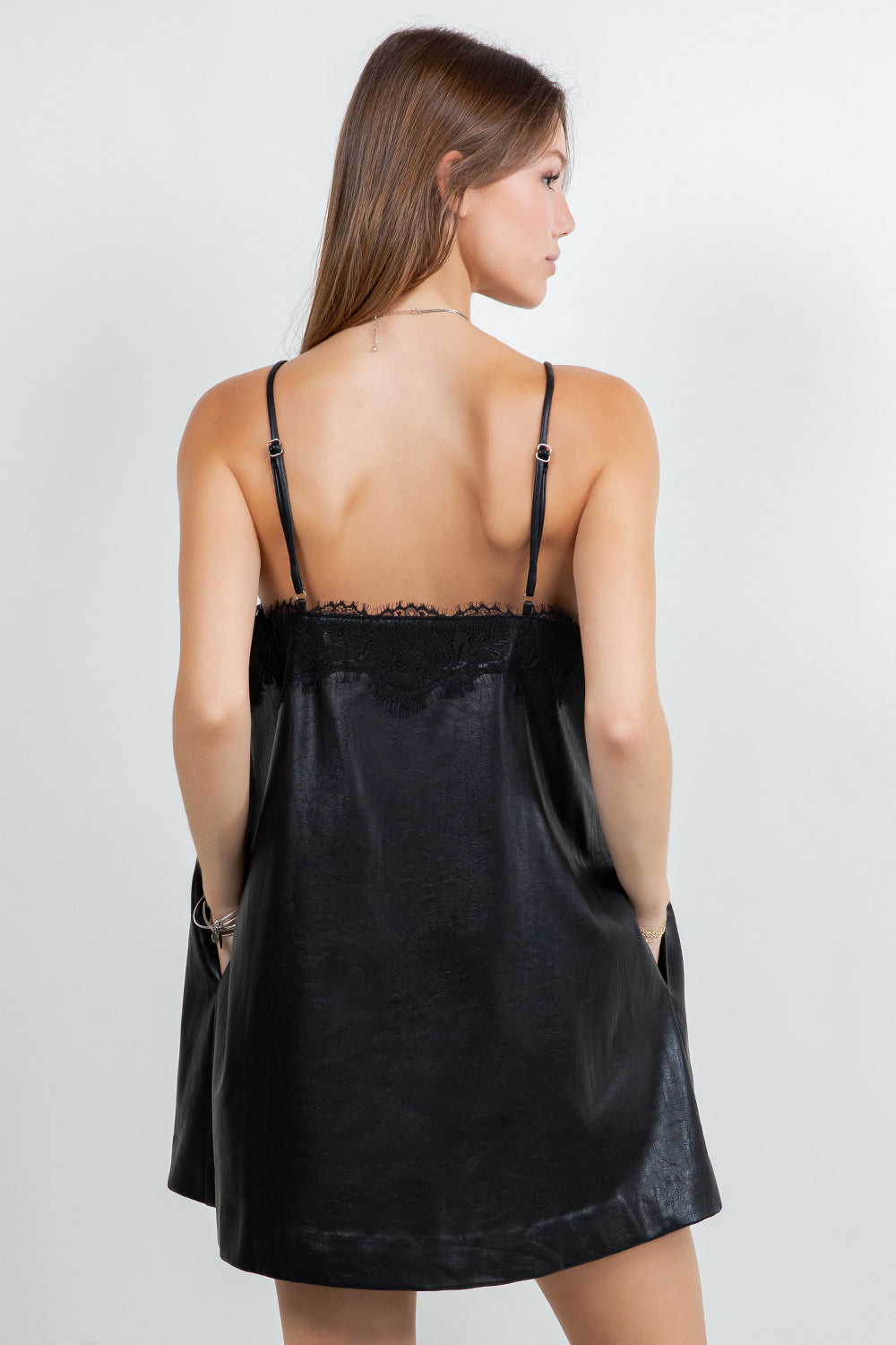 STRUCTURED PU LEATHER WITH ACCENT LACE MINI DRESS - BLACK/BLACK