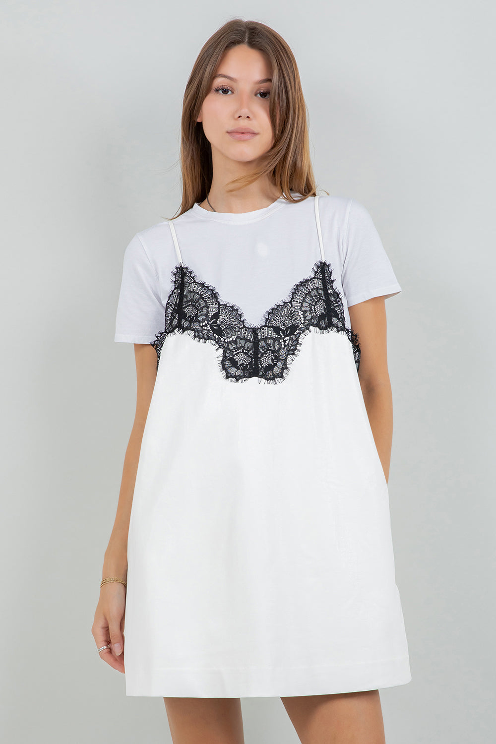 STRUCTURED PU LEATHER WITH ACCENT LACE MINI DRESS - IVORY/BLACK