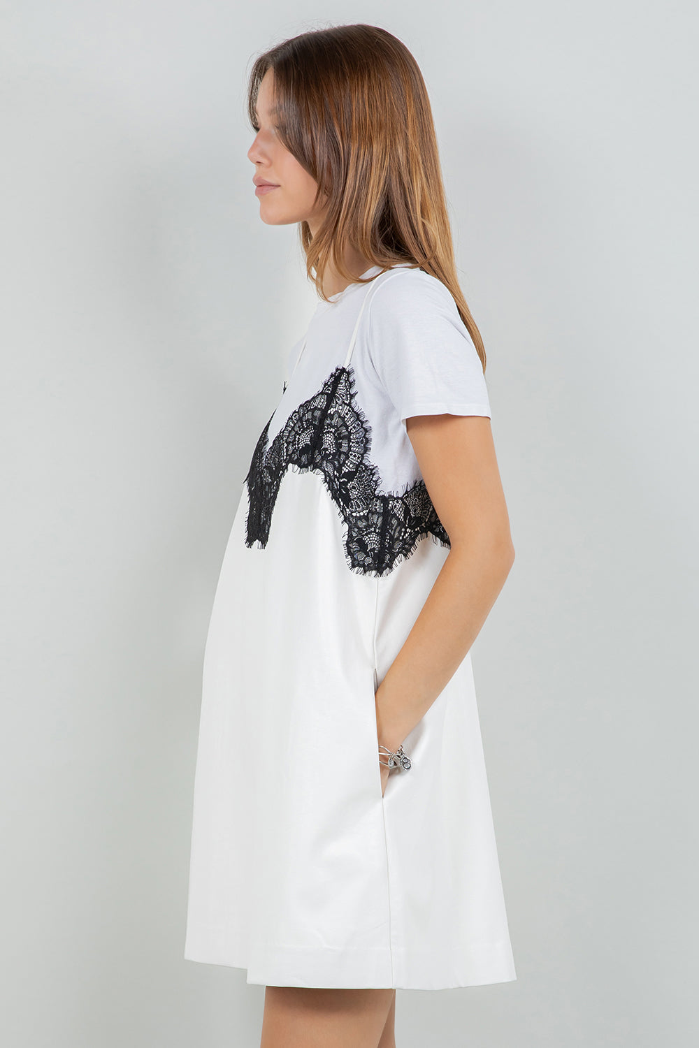 STRUCTURED PU LEATHER WITH ACCENT LACE MINI DRESS - IVORY/BLACK