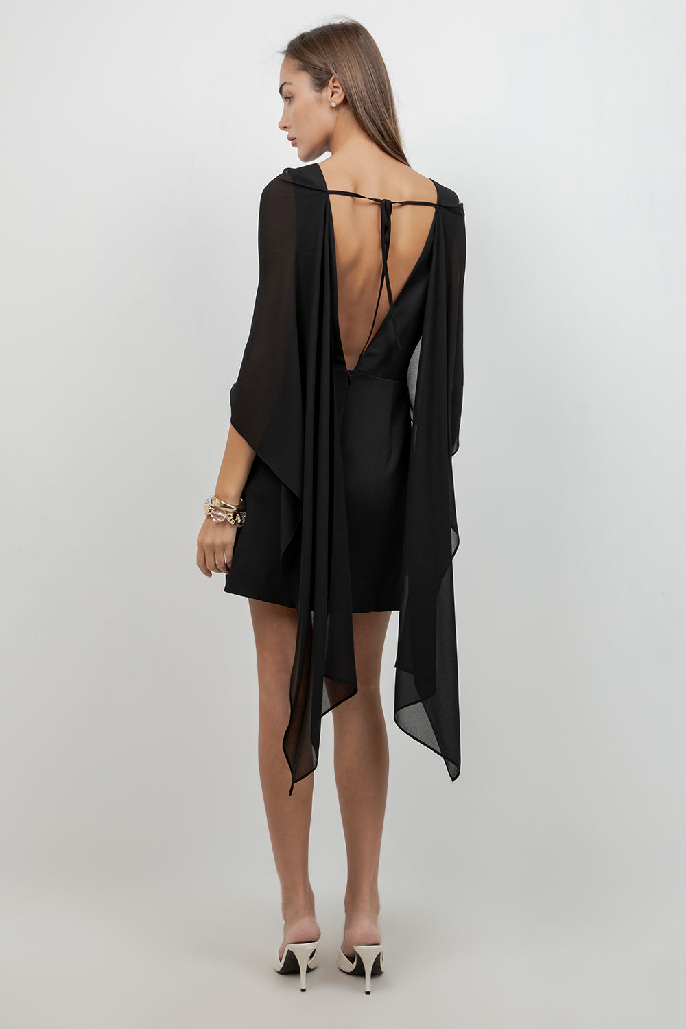 WOVEN MINI DRESS WITH ATTACHED CHIFFON SCARF