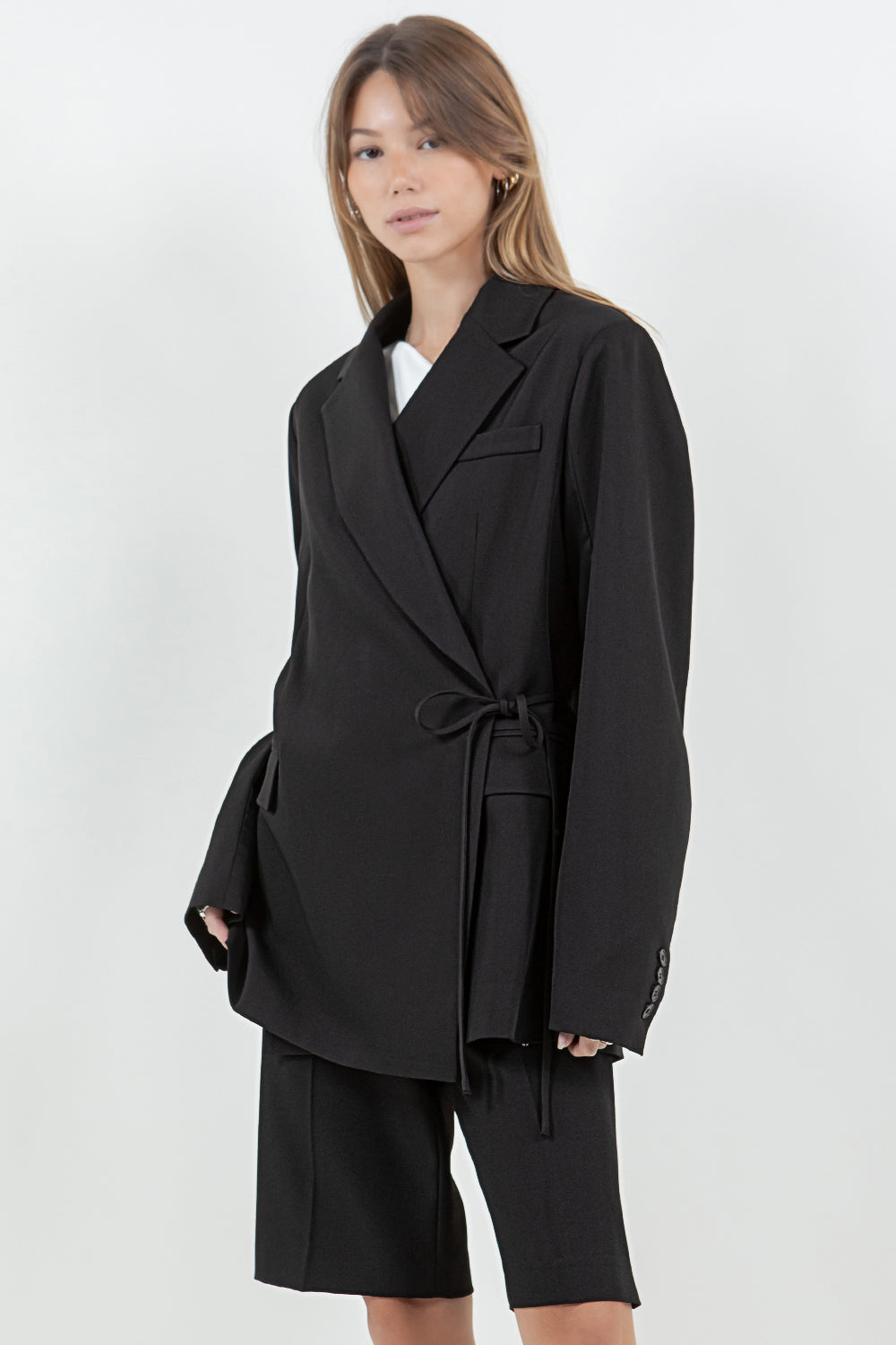 FABRIC MIXED WAIST SIDE TIE BLAZER - BLACK