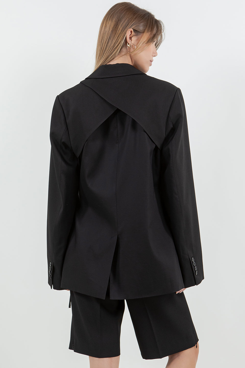 FABRIC MIXED WAIST SIDE TIE BLAZER - BLACK