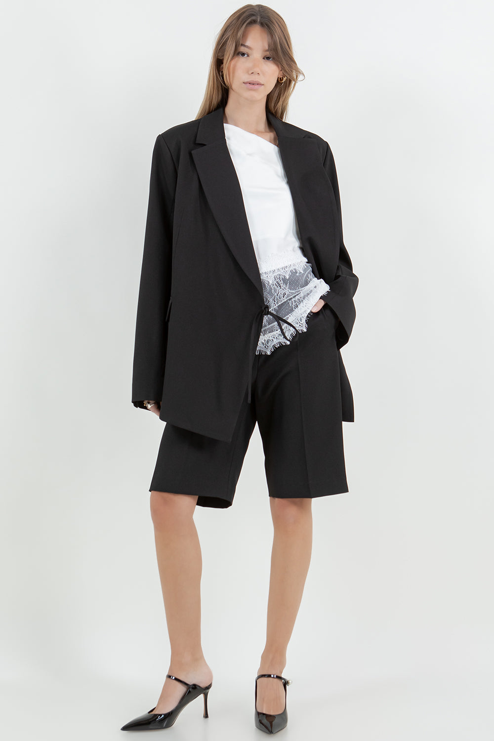 FABRIC MIXED WAIST SIDE TIE BLAZER - BLACK