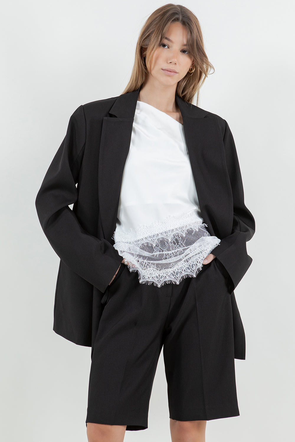 FABRIC MIXED WAIST SIDE TIE BLAZER - BLACK