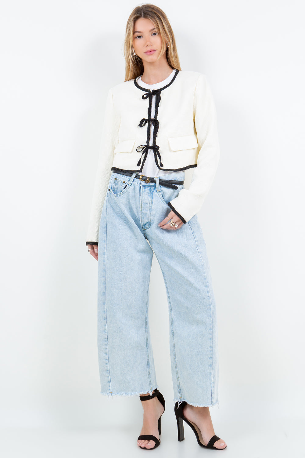 STRUCTURED WOVEN JACKET WITH CONTRAST RIBBON TIES - IVORY