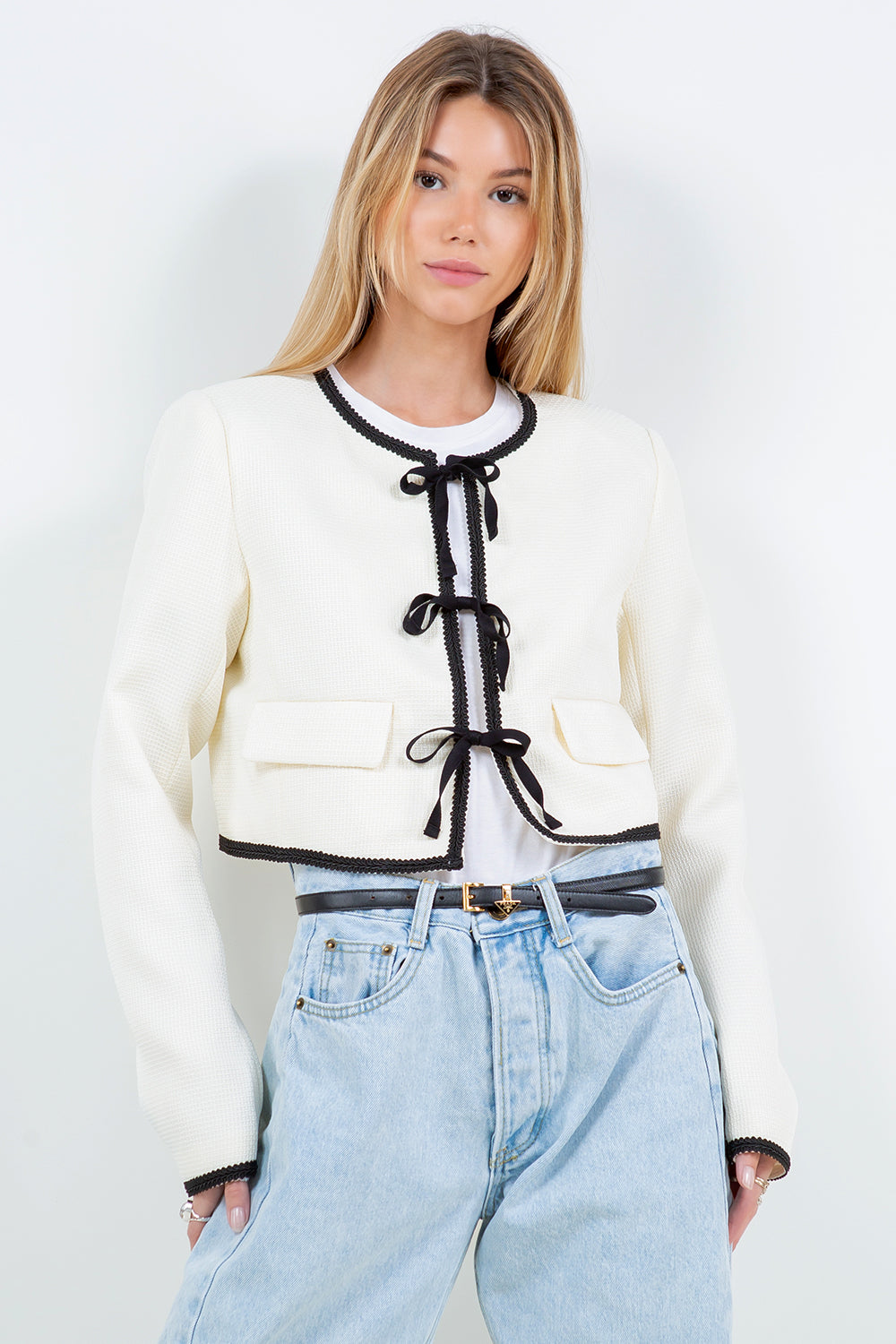 STRUCTURED WOVEN JACKET WITH CONTRAST RIBBON TIES - IVORY
