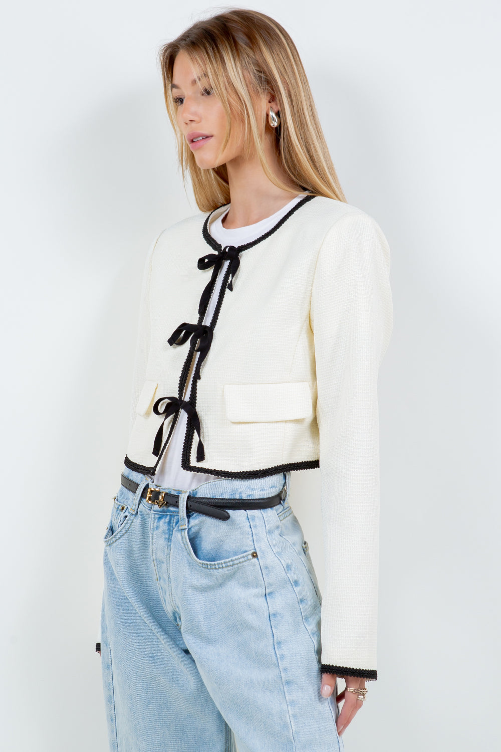 STRUCTURED WOVEN JACKET WITH CONTRAST RIBBON TIES - IVORY