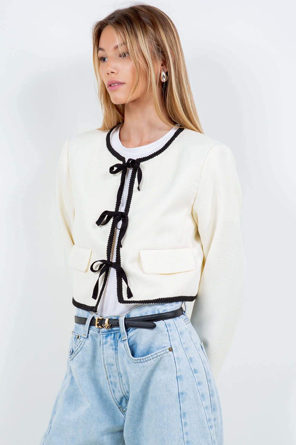 STRUCTURED WOVEN JACKET WITH CONTRAST RIBBON TIES - IVORY