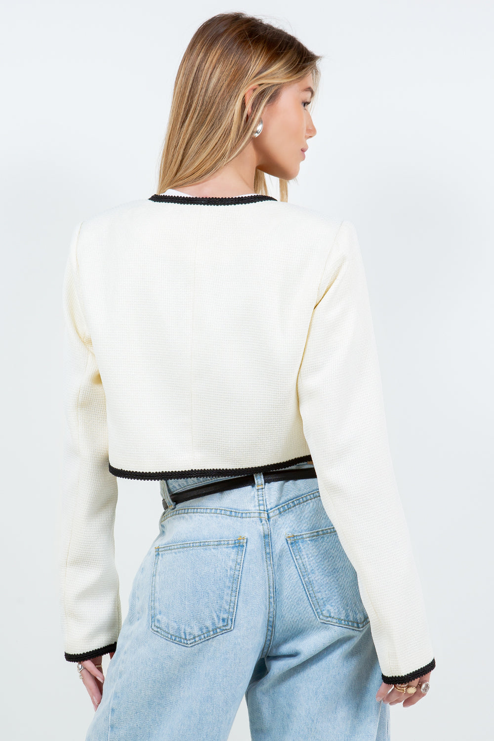 STRUCTURED WOVEN JACKET WITH CONTRAST RIBBON TIES - IVORY