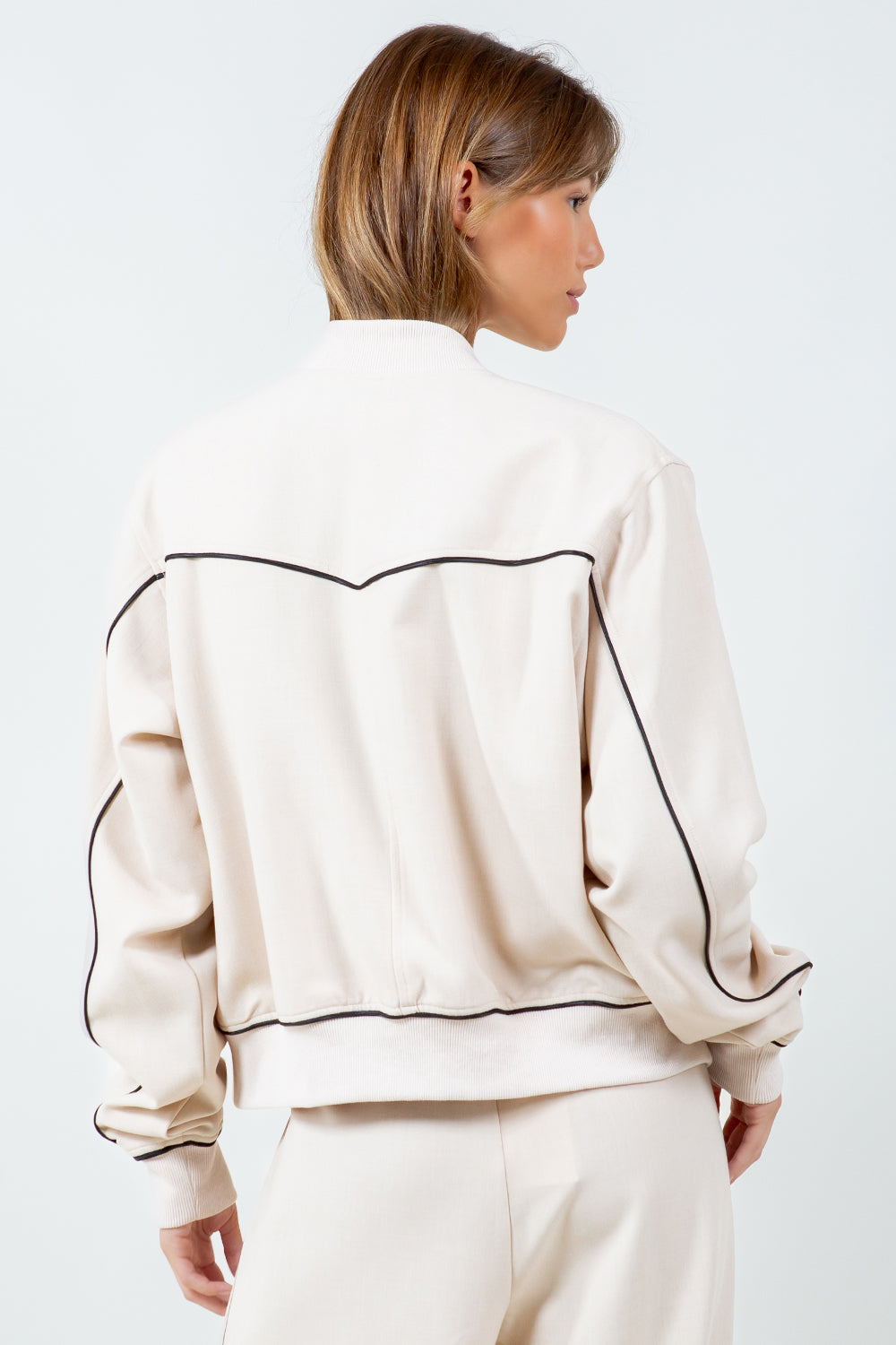 CONTRAST PIPING DETAILED VARSITY BOMBER JACKET - BEIGE