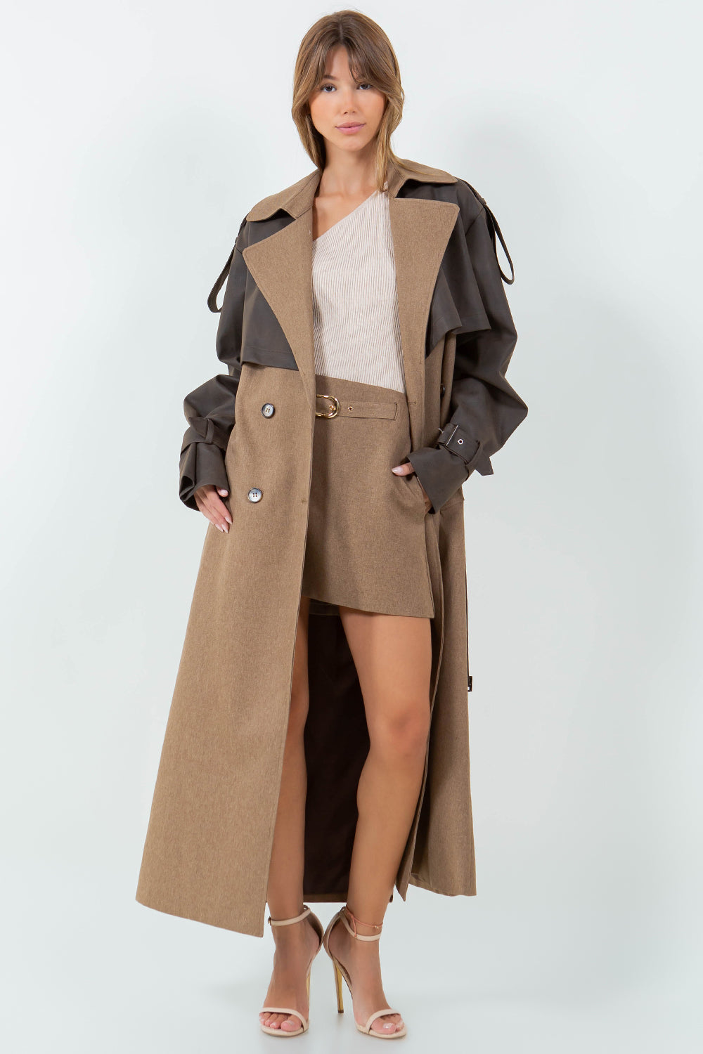 PU LEATHER CONTRASTED LONG TRENCH COAT - BROWN
