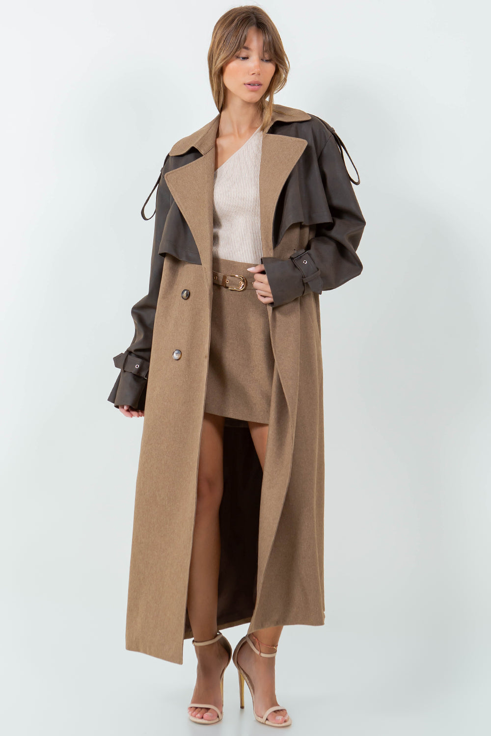 PU LEATHER CONTRASTED LONG TRENCH COAT - BROWN