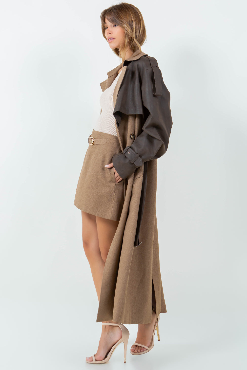 PU LEATHER CONTRASTED LONG TRENCH COAT - BROWN