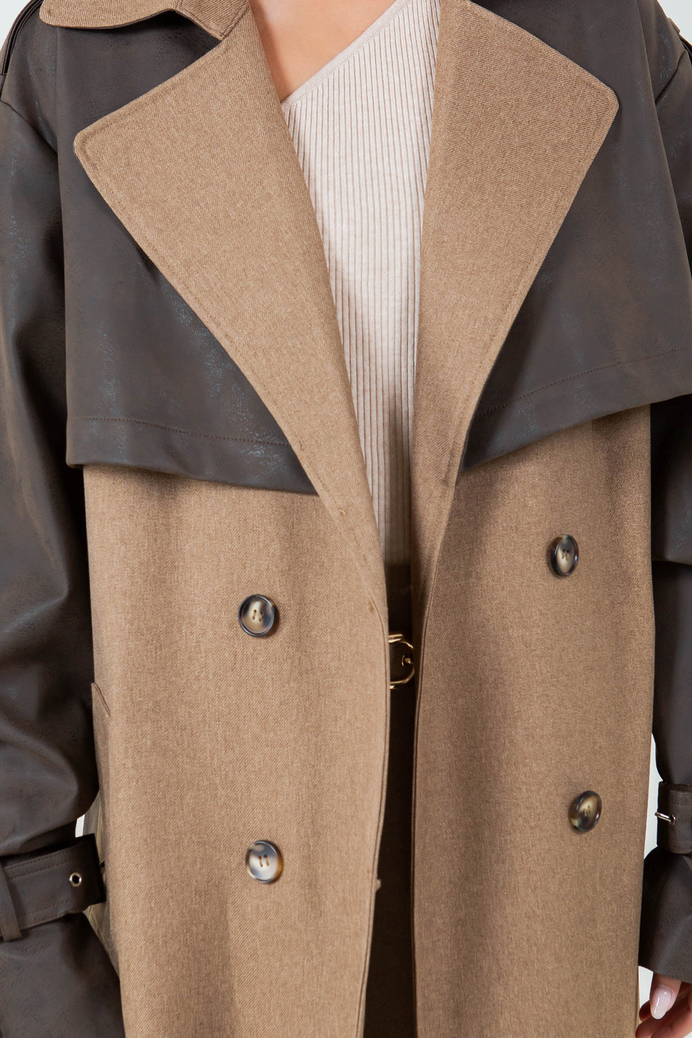 PU LEATHER CONTRASTED LONG TRENCH COAT - BROWN
