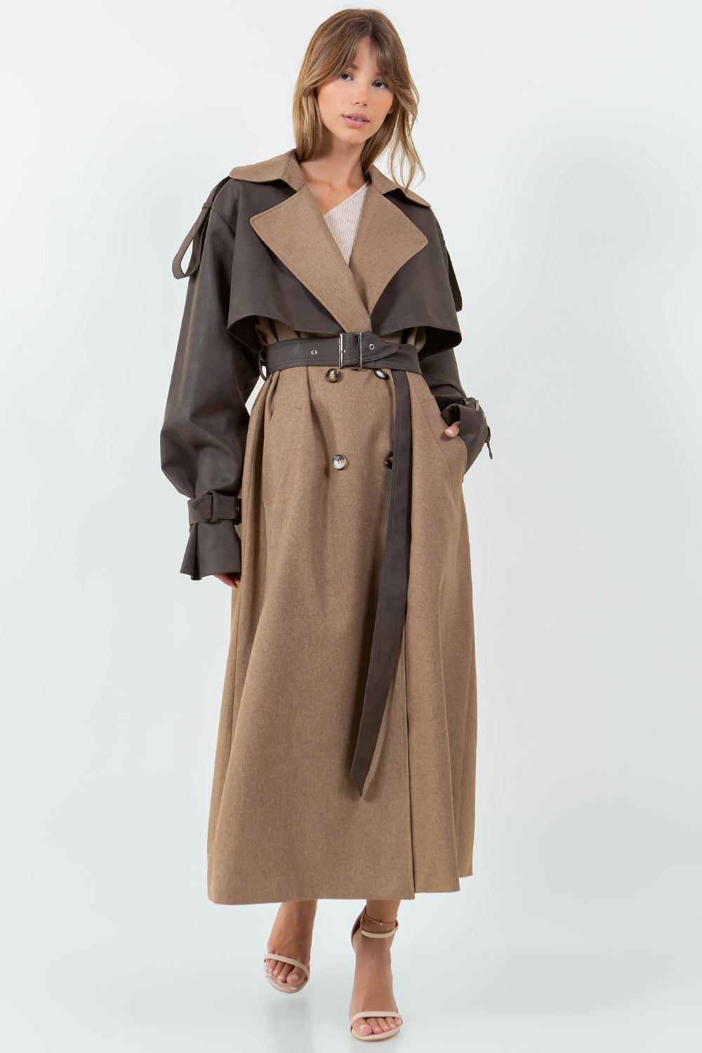 PU LEATHER CONTRASTED LONG TRENCH COAT - BROWN