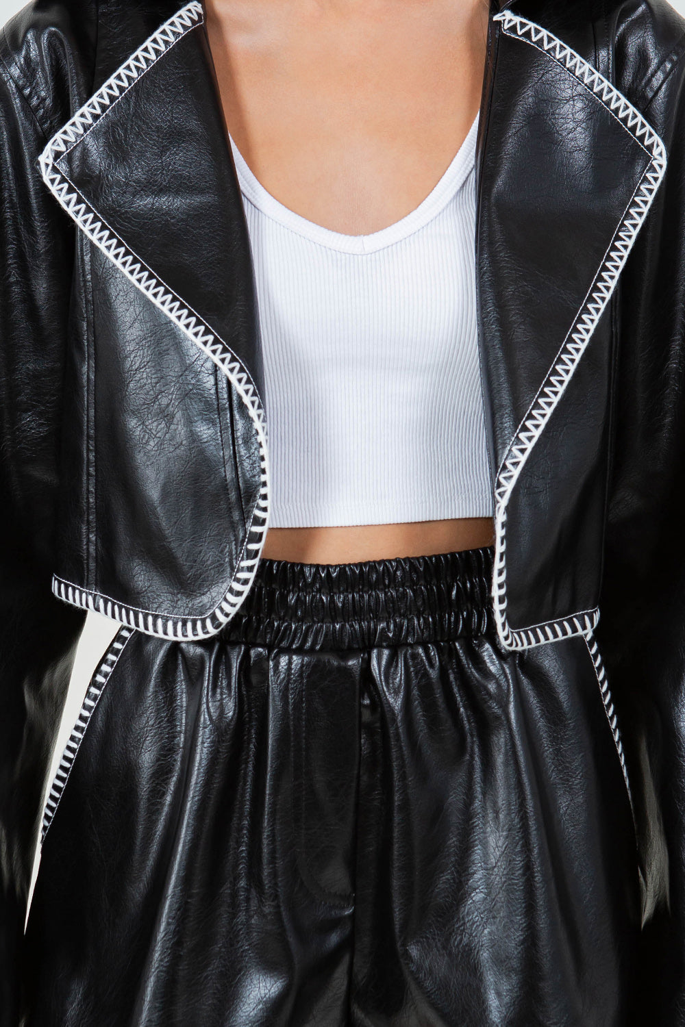 CONTRAST BLANKET STITCHED CROPPED PU LEATHER JACKET - BLACK
