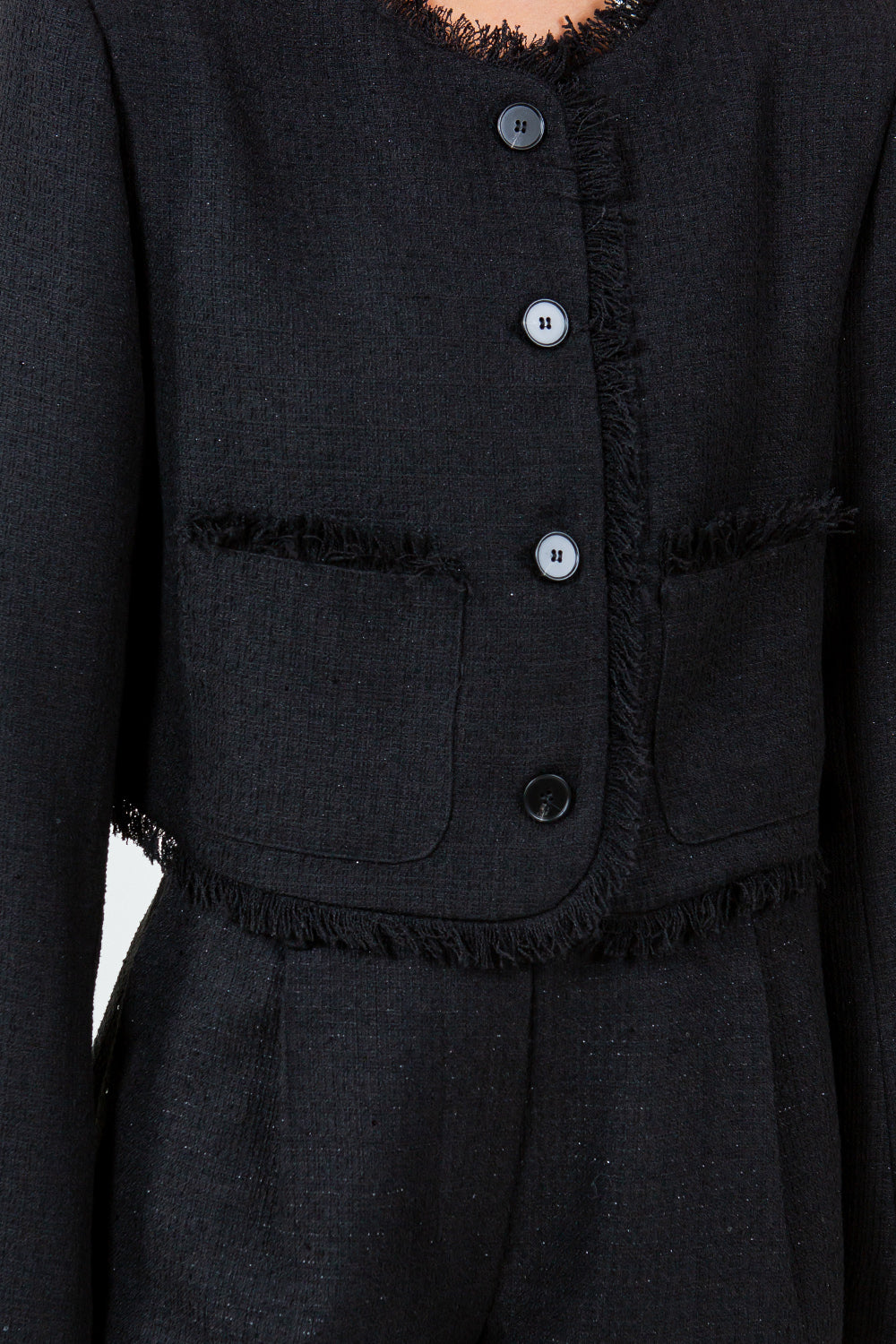 FRAY EDGE DETAILED TWEED BUTTON DOWN JACKET - BLACK
