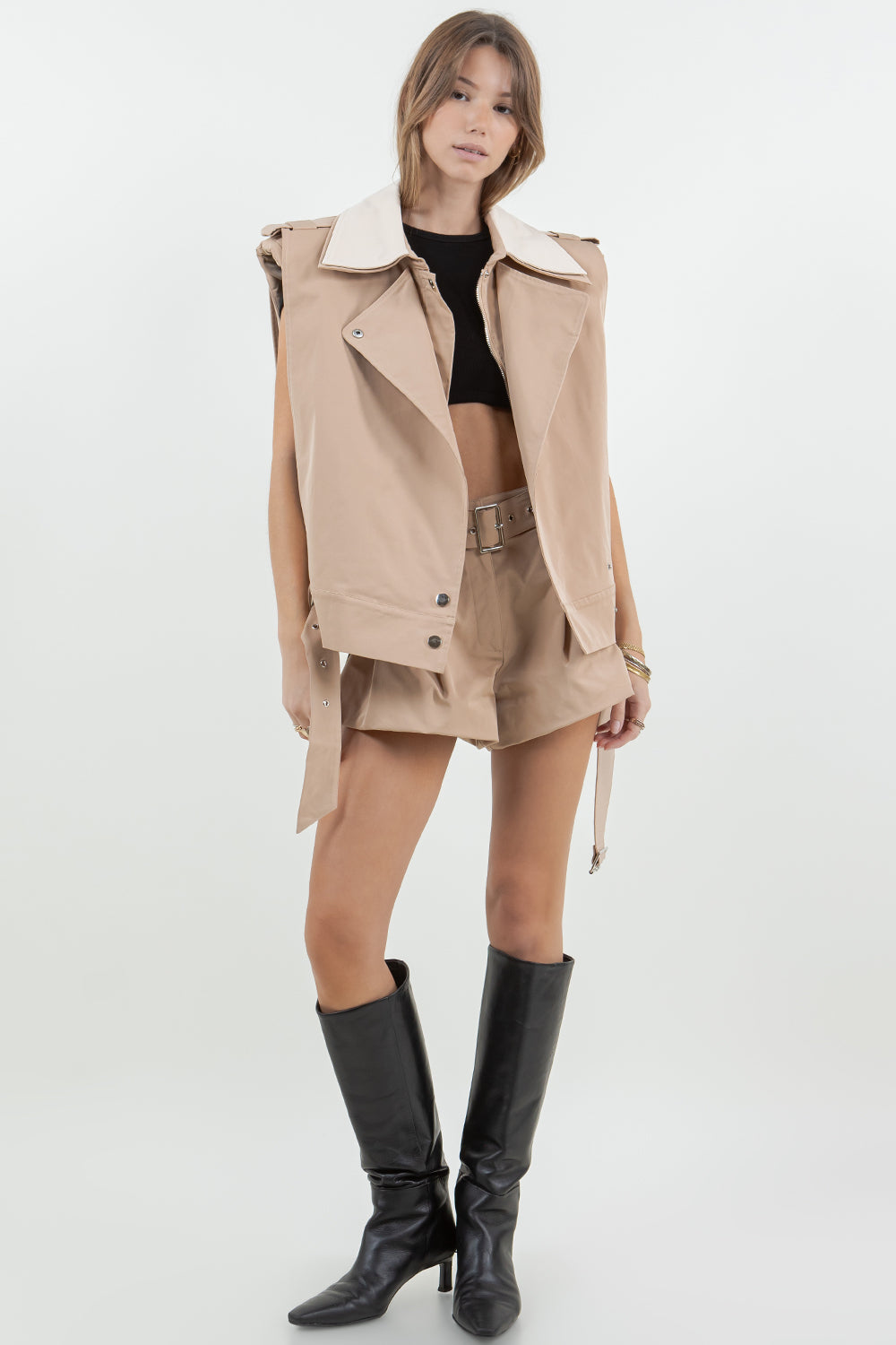 WOVEN BALLOON SHORTS WITH REMOVEABLE BELT - KHAKI