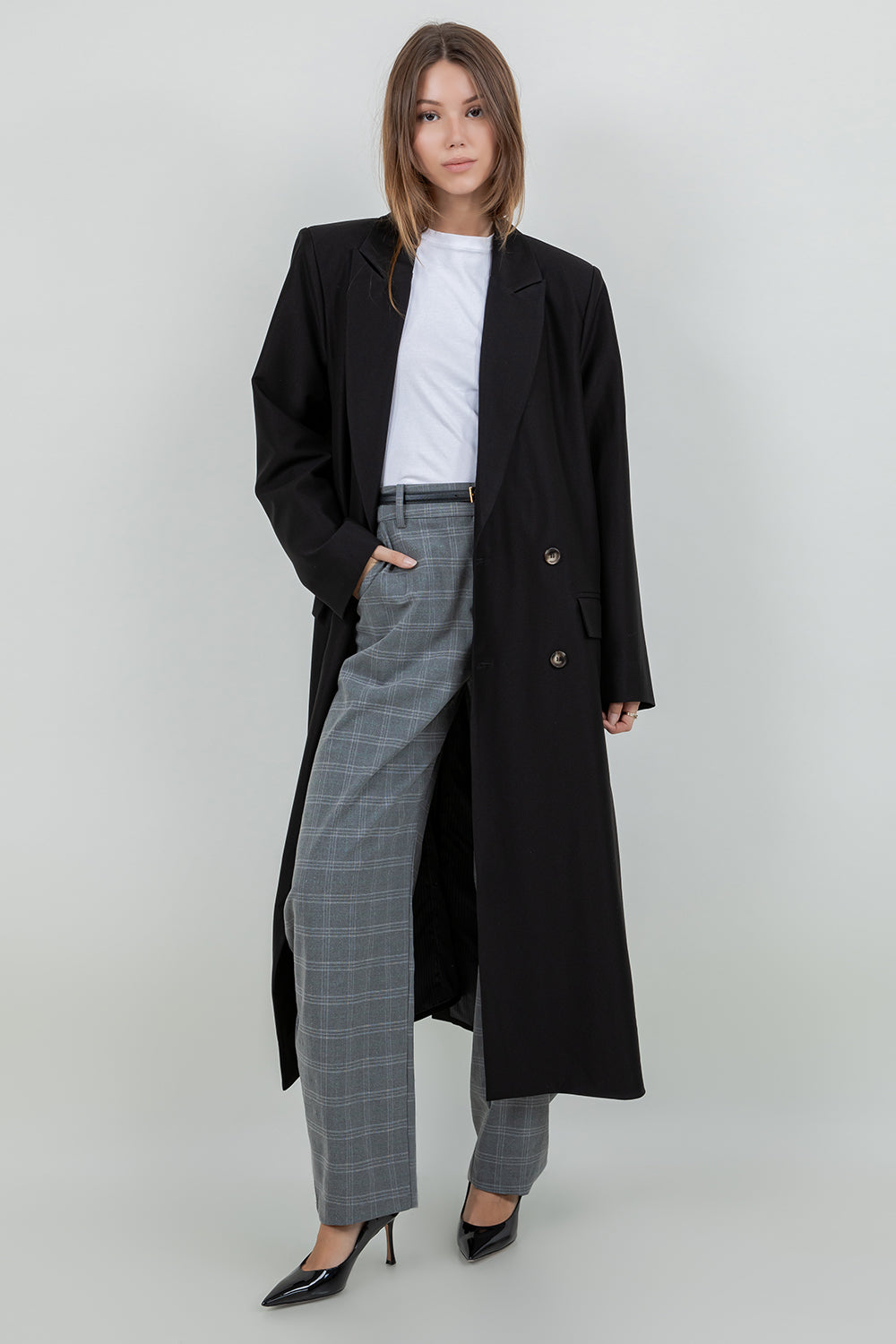STRUCTURED WOVEN PLAID LUREX PRINT BARREL FIT TROUSERS - Whiteroom+Cactus