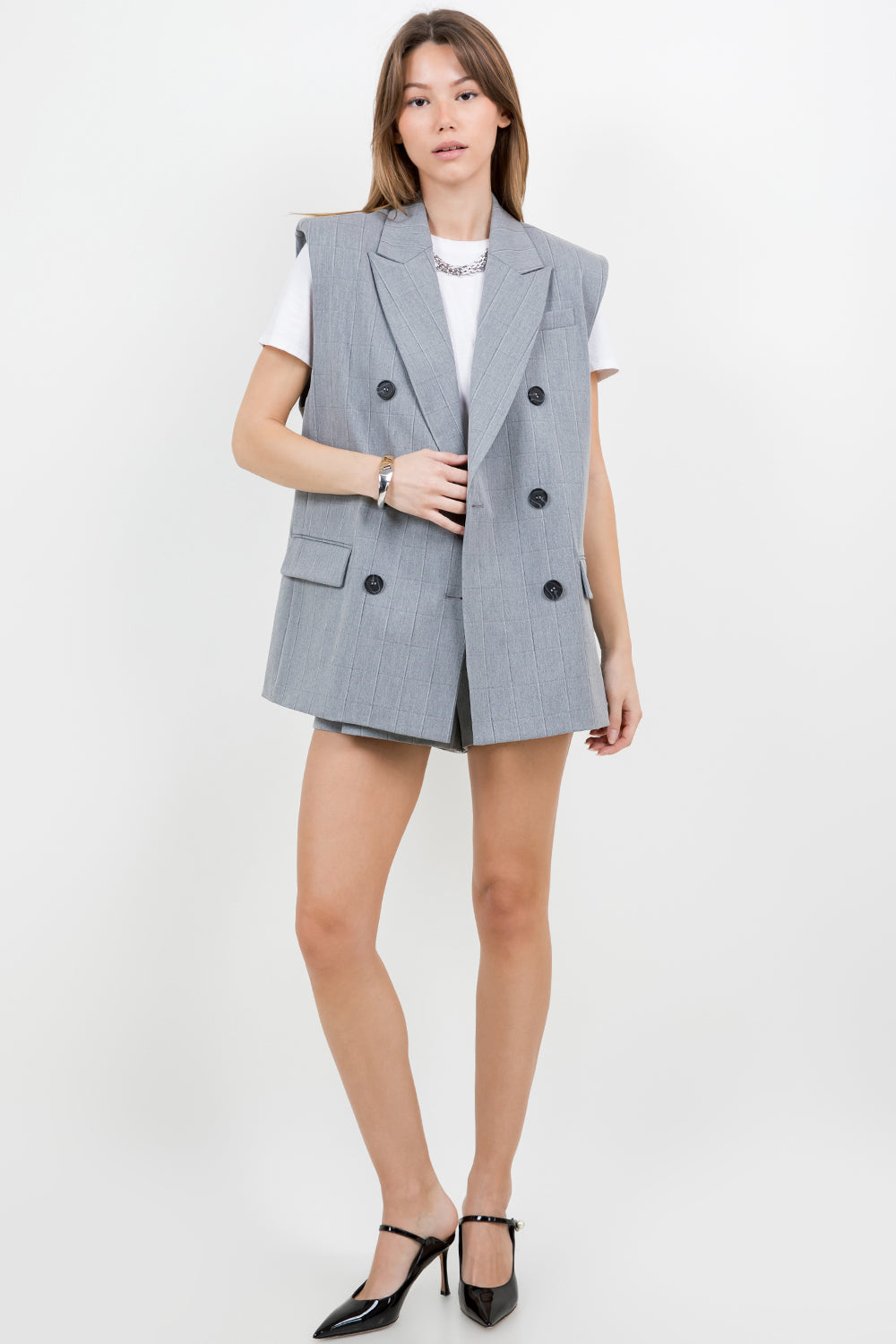 SHOULDER PADDED STRUCTURED WOVEN JACKET VEST - HEATHER GREY