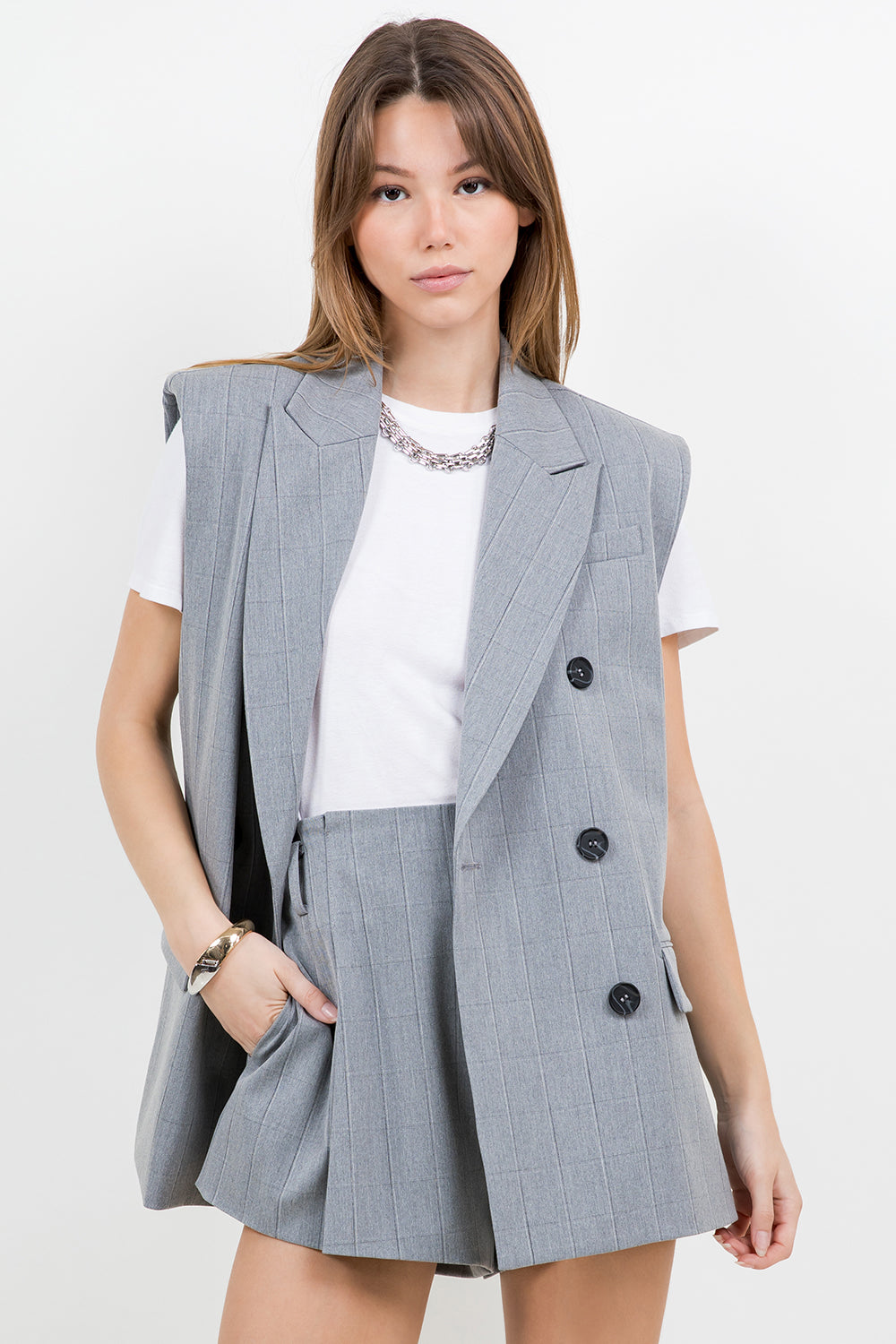 SHOULDER PADDED STRUCTURED WOVEN JACKET VEST - HEATHER GREY