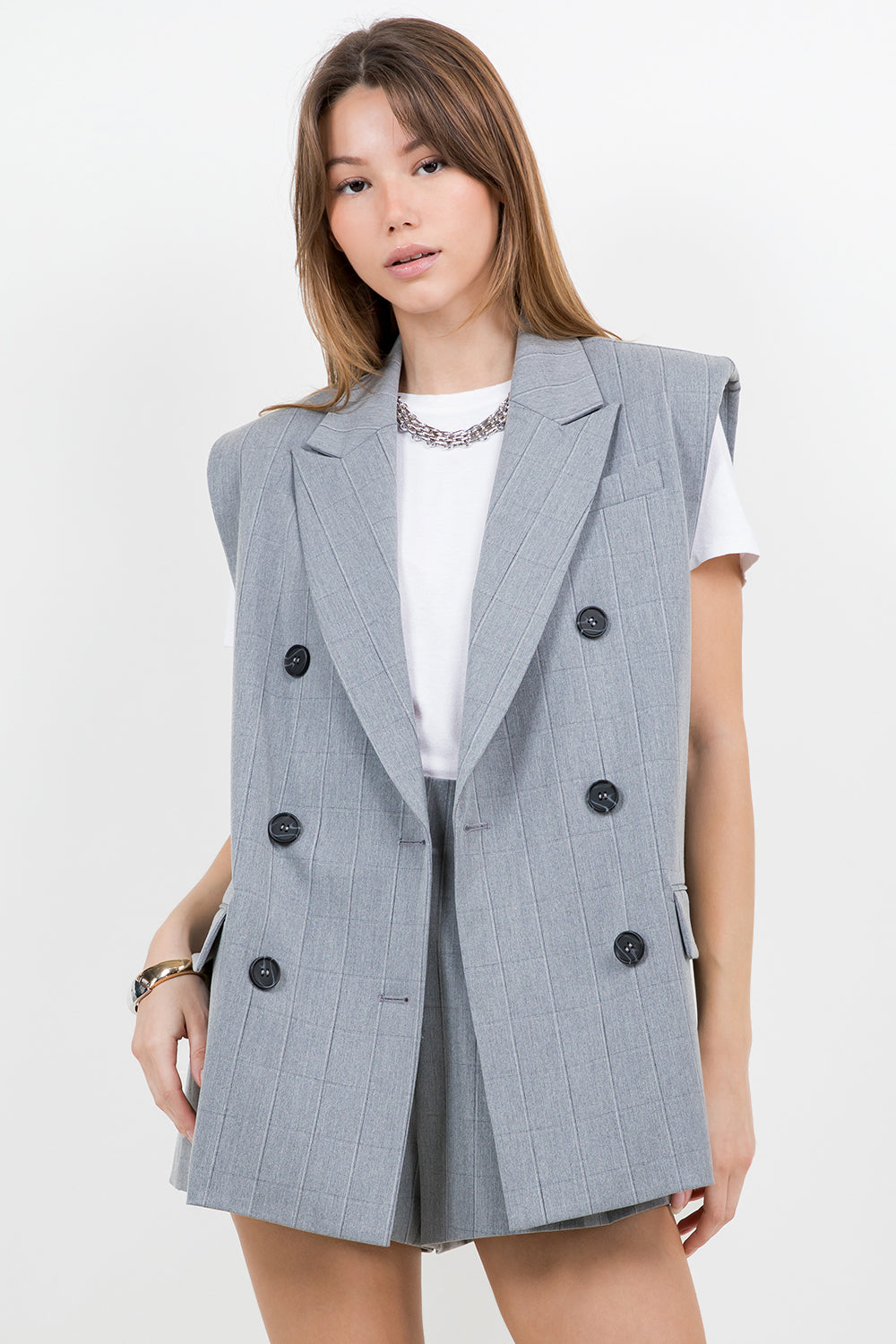 SHOULDER PADDED STRUCTURED WOVEN JACKET VEST - HEATHER GREY