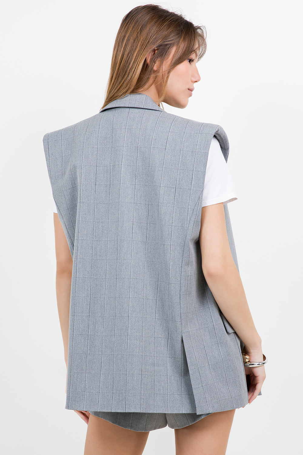 SHOULDER PADDED STRUCTURED WOVEN JACKET VEST - HEATHER GREY