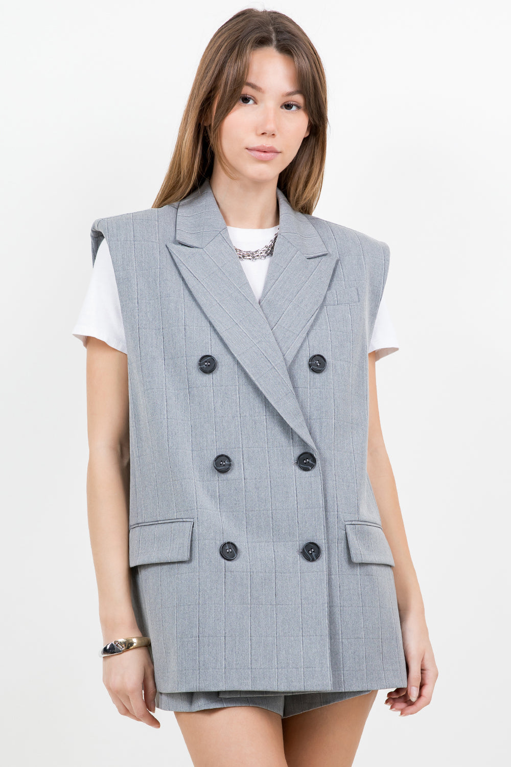 SHOULDER PADDED STRUCTURED WOVEN JACKET VEST - HEATHER GREY