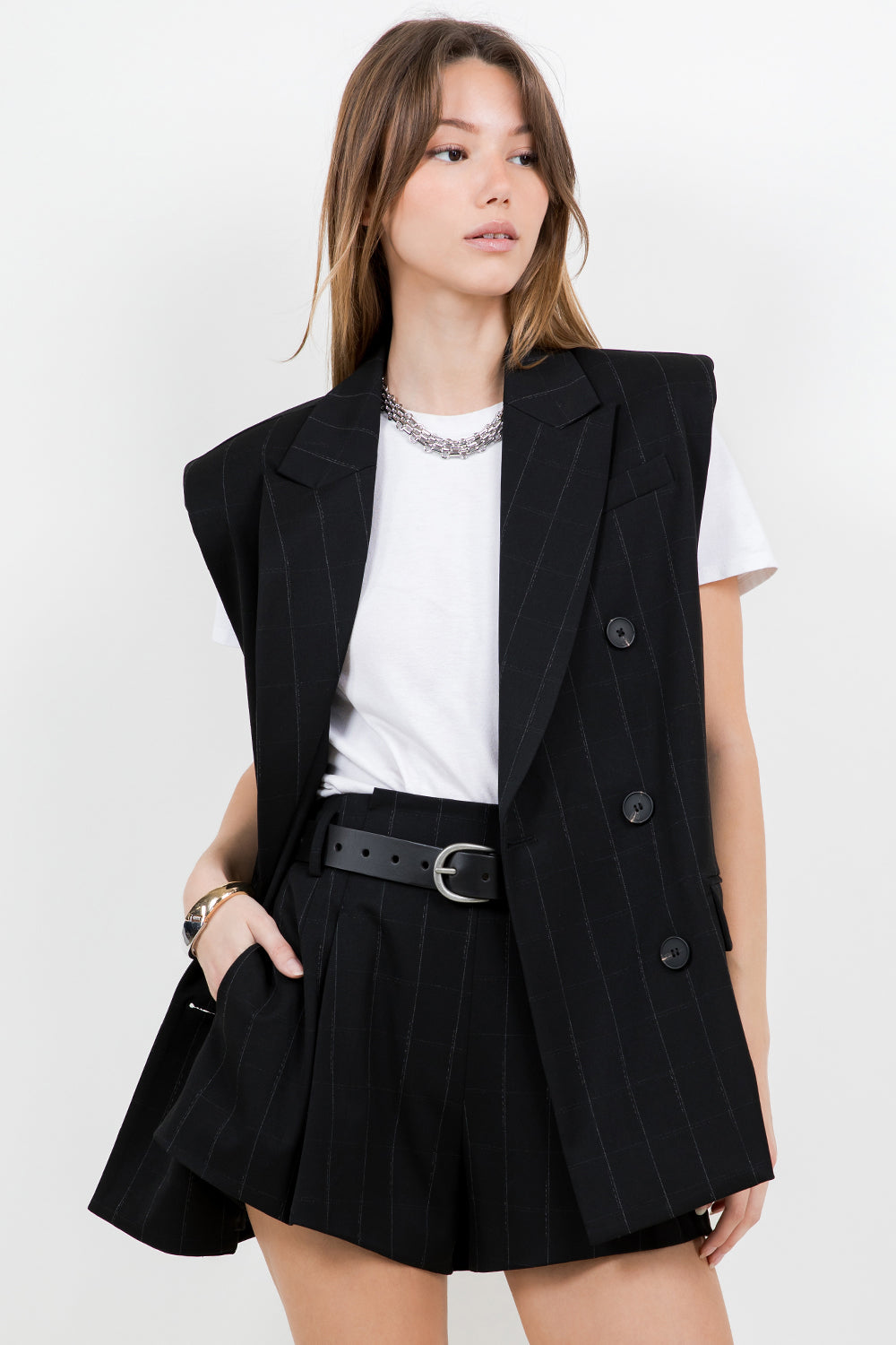 SHOULDER PADDED STRUCTURED WOVEN JACKET VEST - BLACK