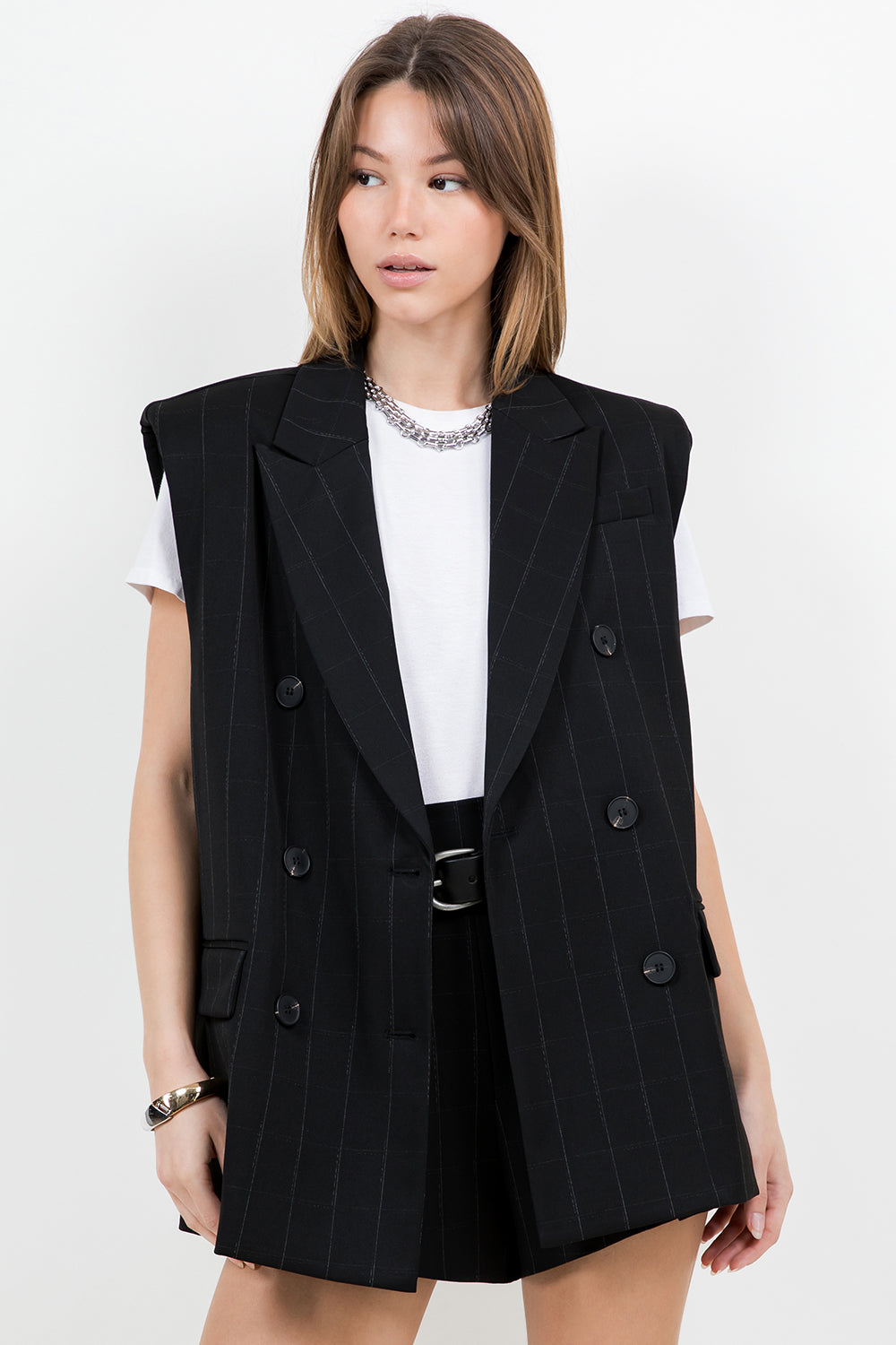 SHOULDER PADDED STRUCTURED WOVEN JACKET VEST - BLACK