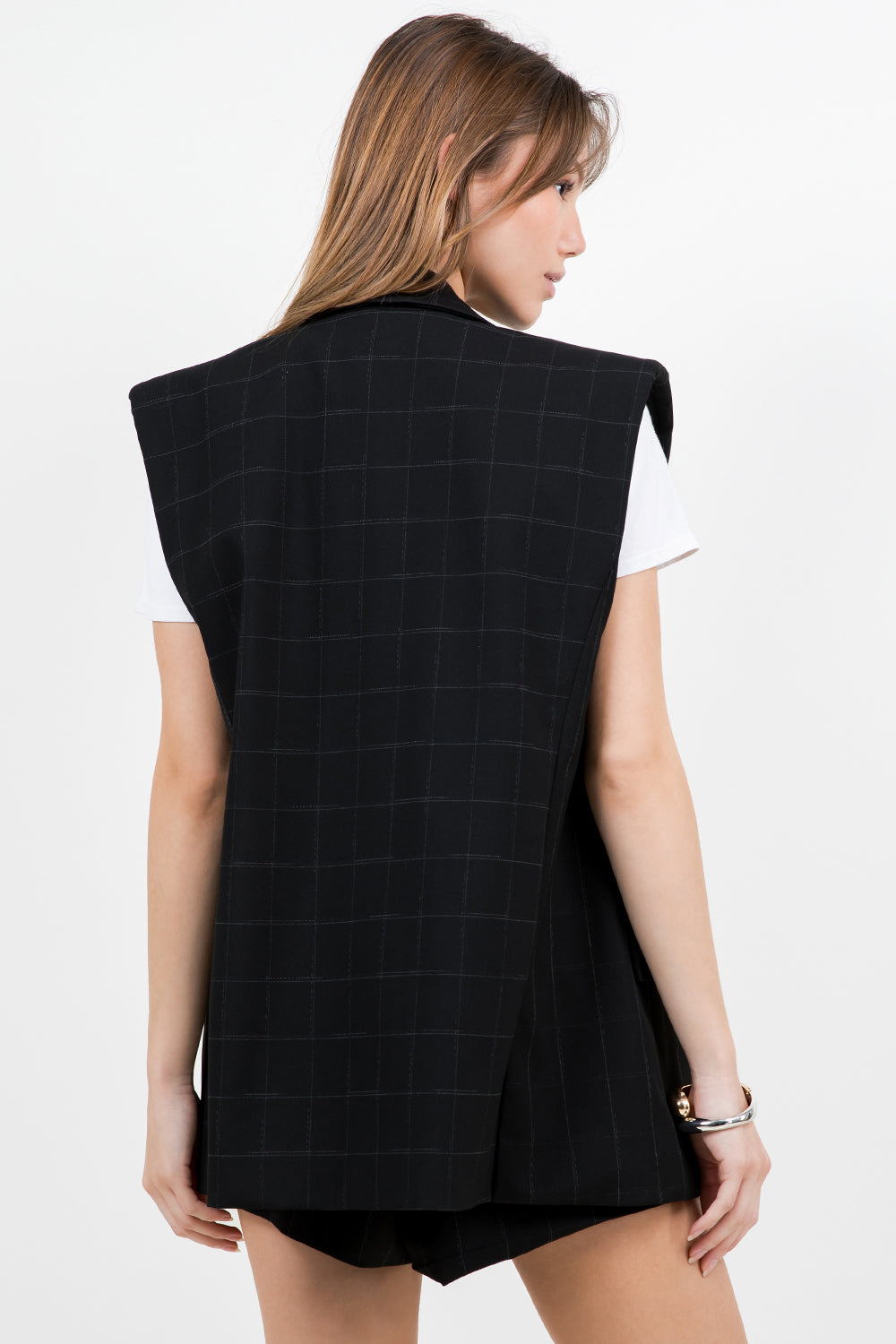 SHOULDER PADDED STRUCTURED WOVEN JACKET VEST - BLACK
