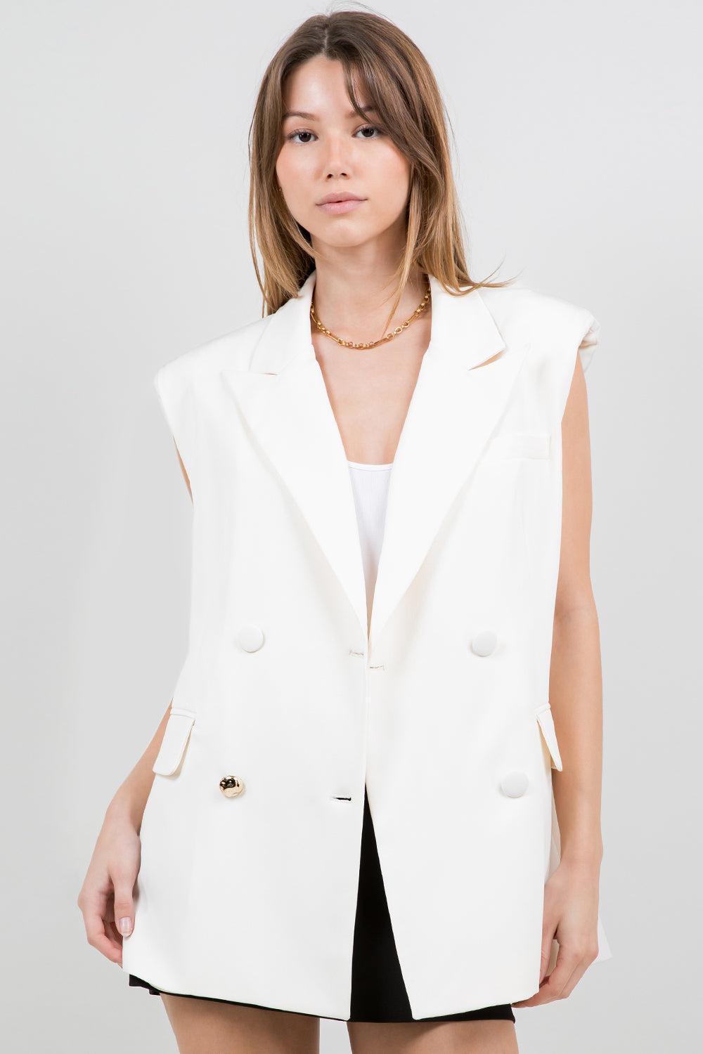 STRUCTURED WOVEN VEST JACKET W ACCENT GOLD BUTTON - IVORY