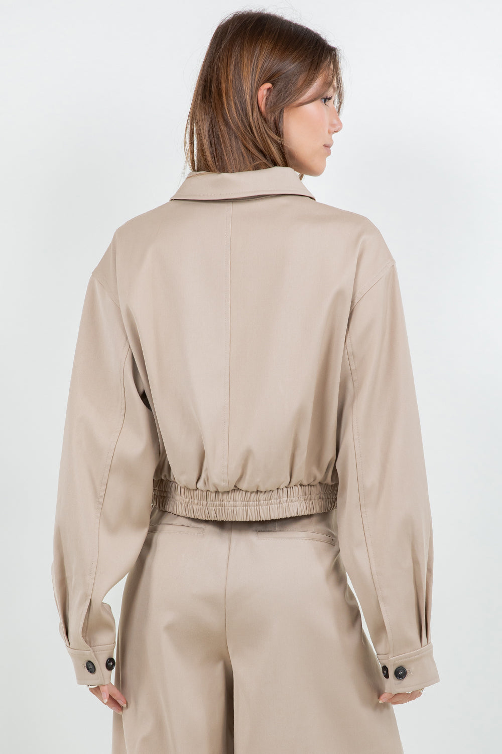 STRUCTURED WOVEN BOMBER ZIP UP JACKET - TAN